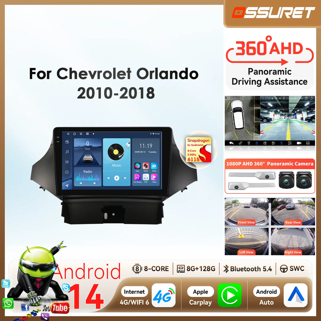 2din 360 Camera Android 14 Car radio For Chevrolet Orlando 2010-2018 Multimedia Player GPS