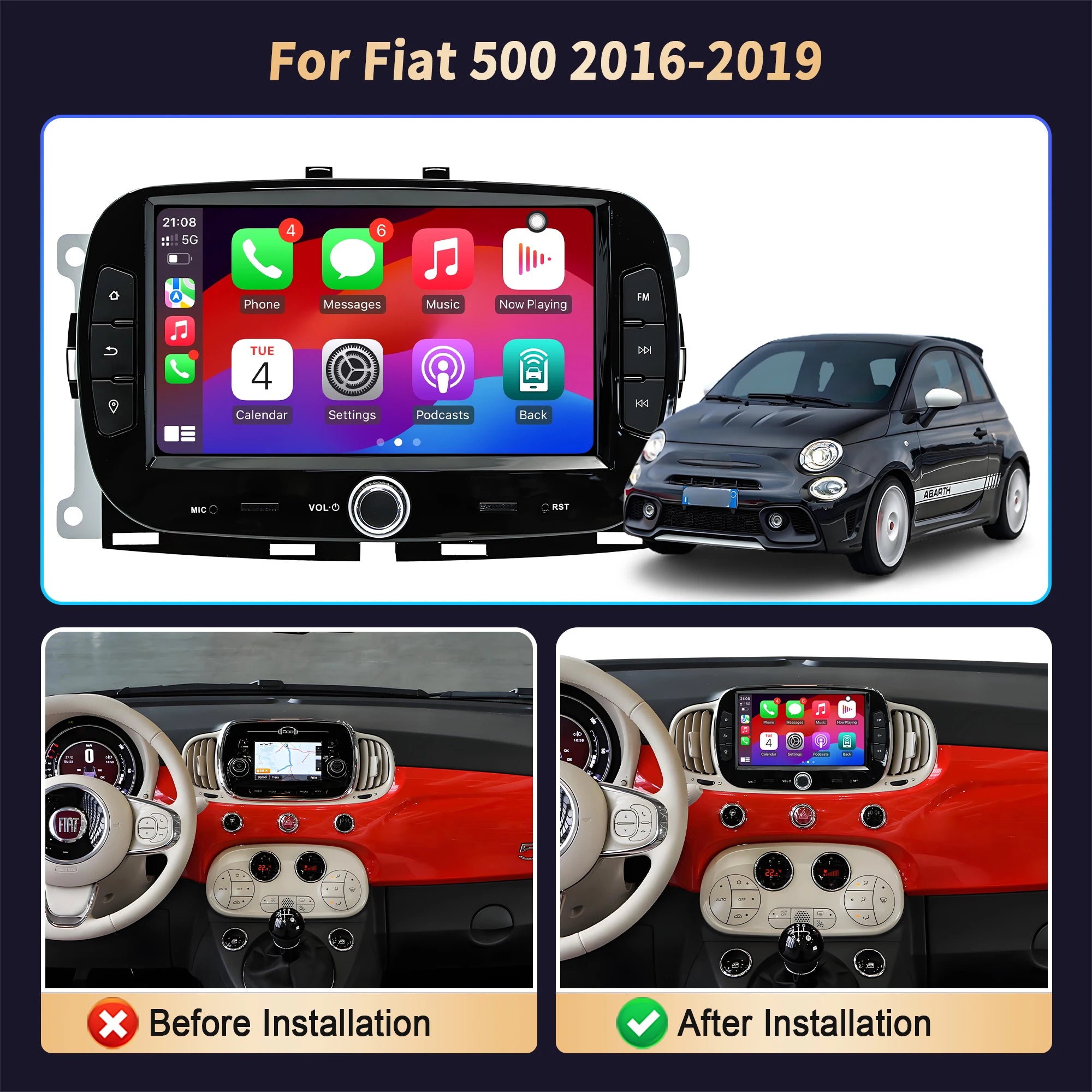 7 inch Car Radio Android 14 For Fiat 500 2016 2017 2018 2019 GPS Wireless Bluetooth CarPla