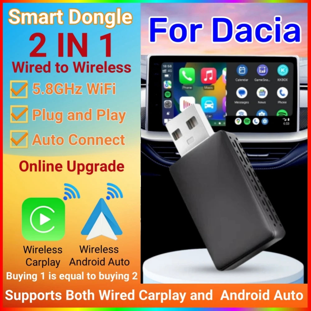 Smart Dongle 2in1 Wireless Android Auto Adapter Carplay Wireless For Dacia Sandero Sandero | AUTOKITSHOP