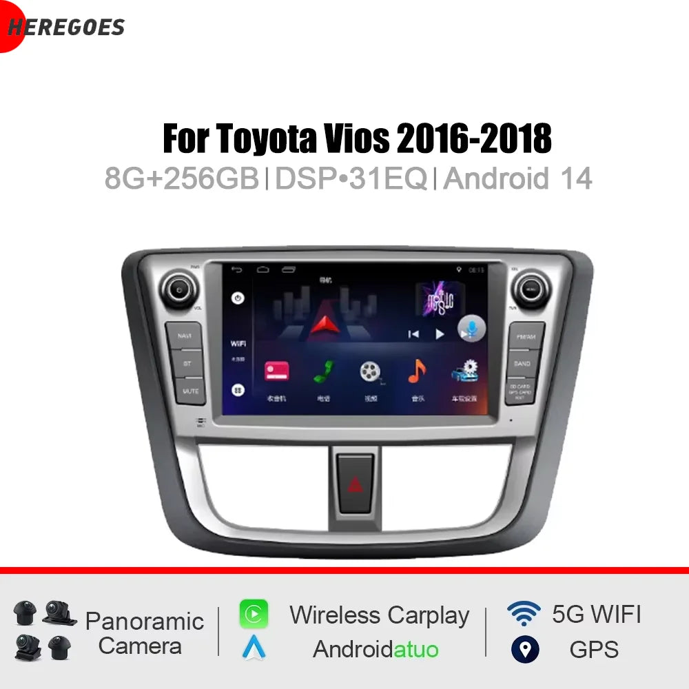 9" CarPlay DSP Android 15 8 Core 12GB RAM 256GB ROM Car Radio GPS WiFi Multimedia Navigation for Toyota Vios 2016-2018 -