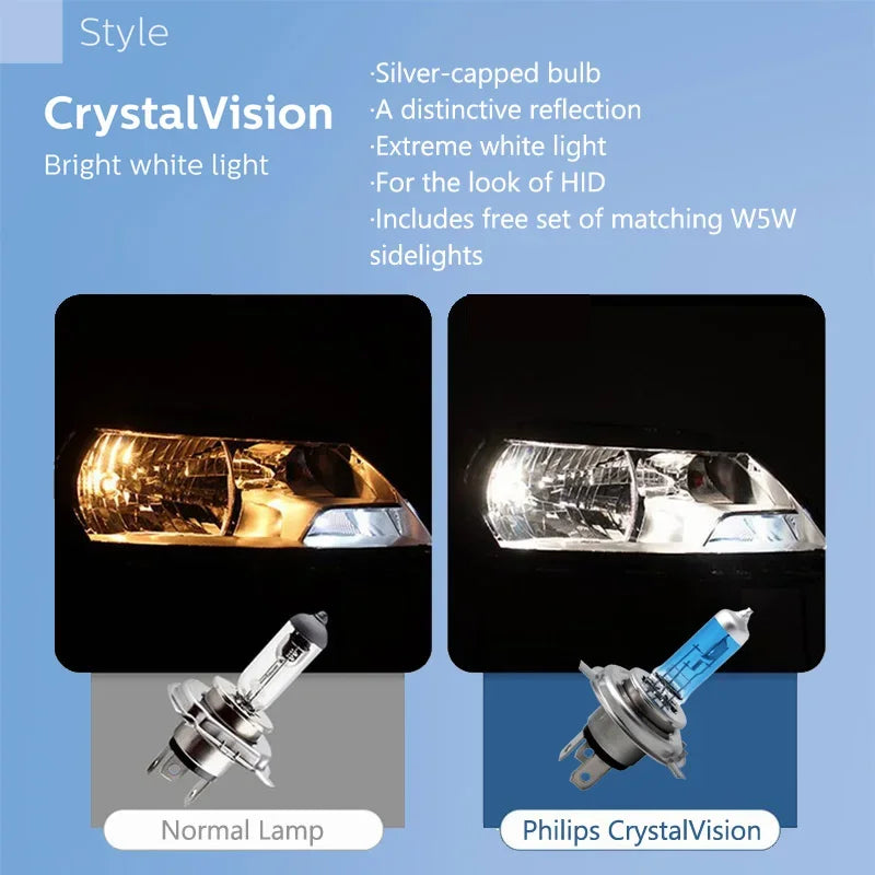 Philips H4 H7 H11 HB3 HB4 H8 H1 H3 9005 Crystal Vision Car Halogen Headlight 4300K Bright