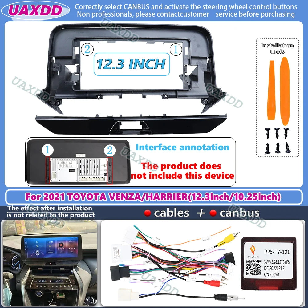 For 2021 TOYOTA VENZA HARRIER 12.3 10.25 inch 2 Din Car radio Android frame fascia cable v