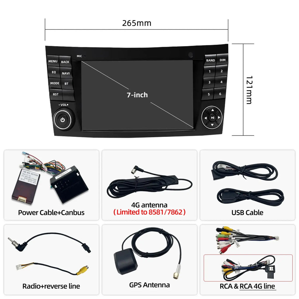 7 Inch Wireless CarPlay Android Car Radio for Mercedes-Benz E-Class W211 E200 E220 AMG Mul