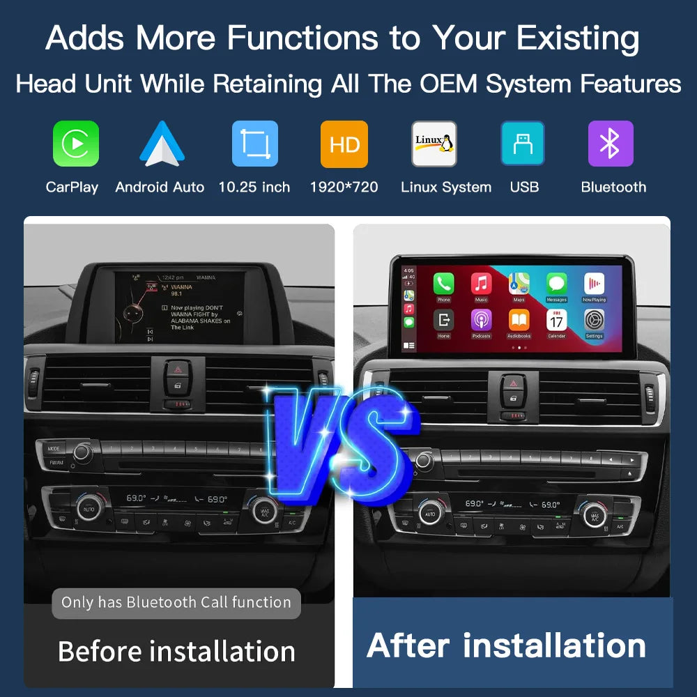 Wireless Carplay Android Auto Car monitor Multimedia for BMW1 2 3 4 5 Series F10/F11/F20/F