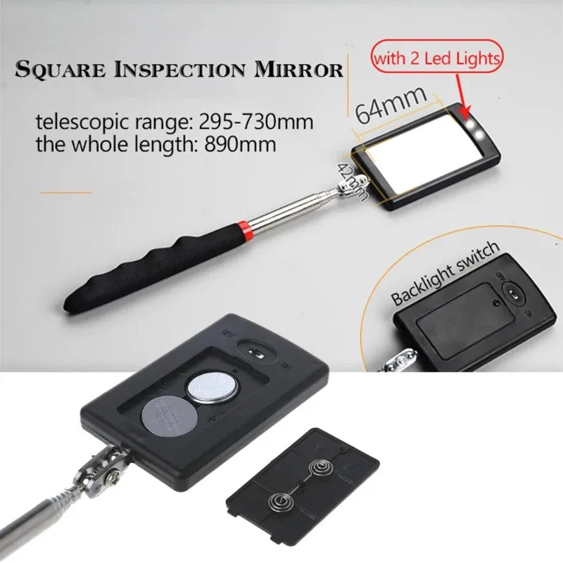 Car Mirror Portable Telescoping Flexible Head Inspection Mirror LED Light Adjustable 360 Degree  - Automotive LED Light