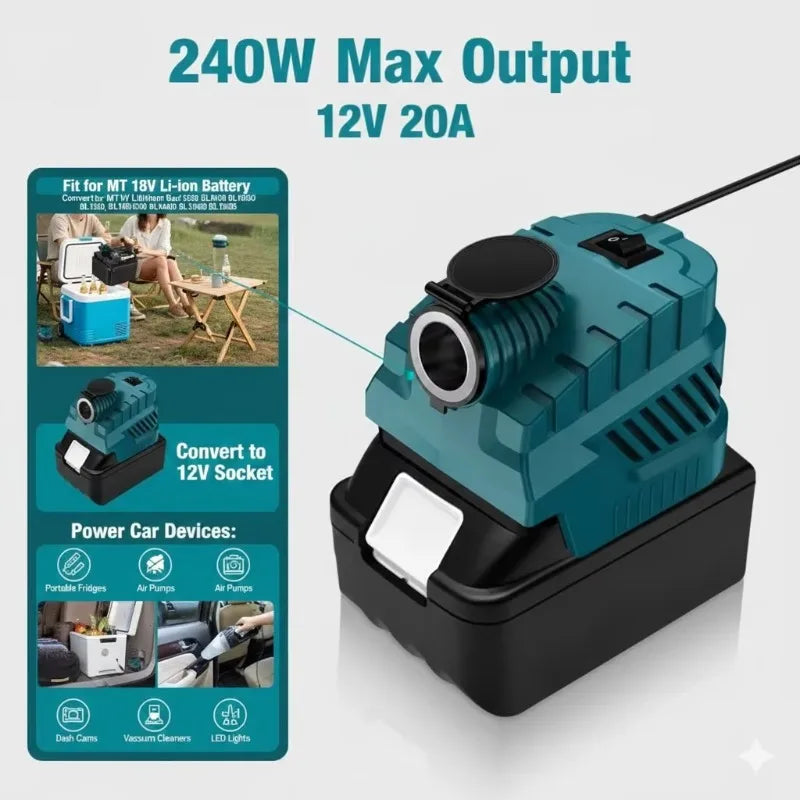 For Makita 18V Battery To 12V 240W Power Adapter for Car Fridge Cigarette Lighter Port Buck Conv - Automotive LED Light