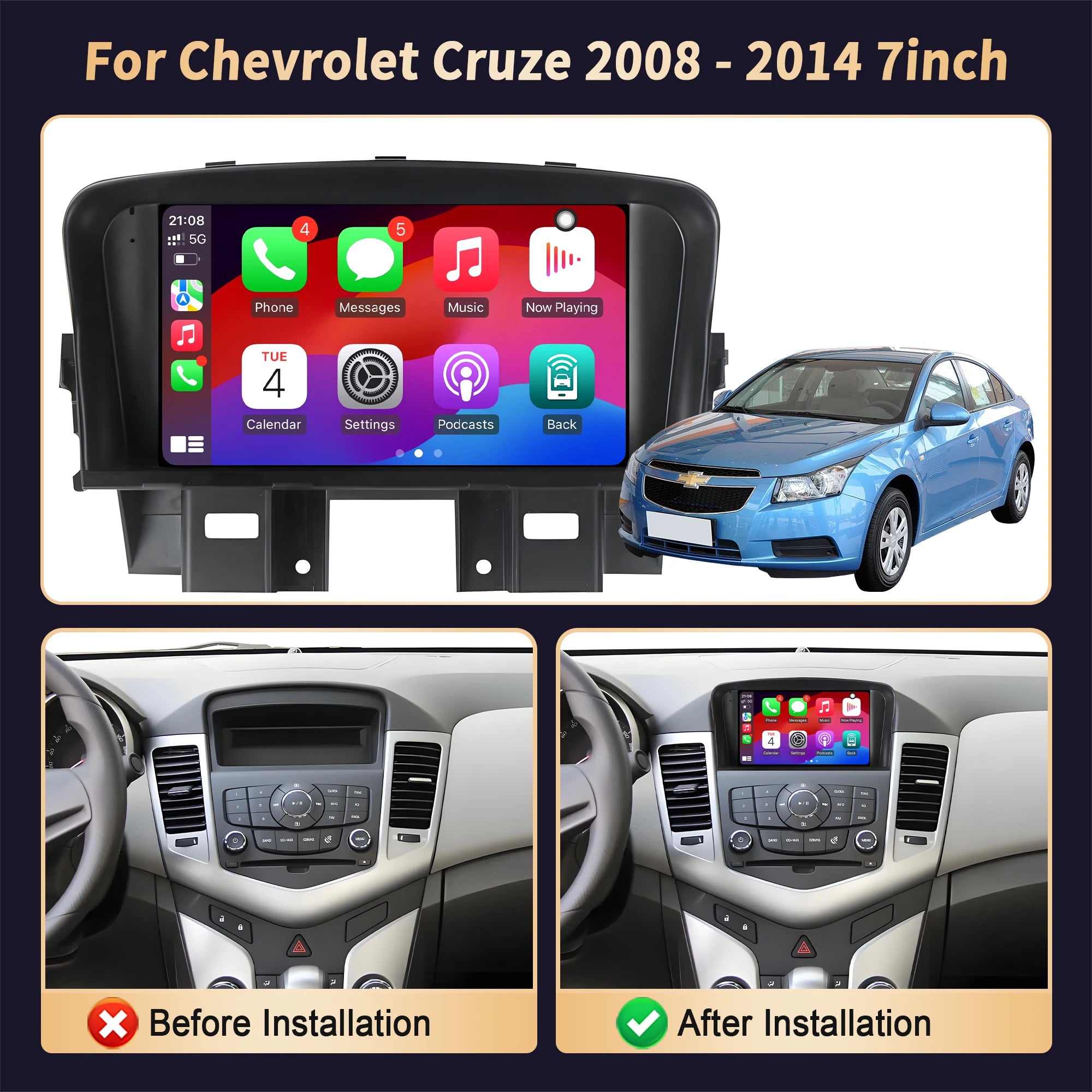 7 inch Android 14 Car Radio For Chevrolet Cruze 2008 2009 2010 2011 2012 2013 2014 Wireles