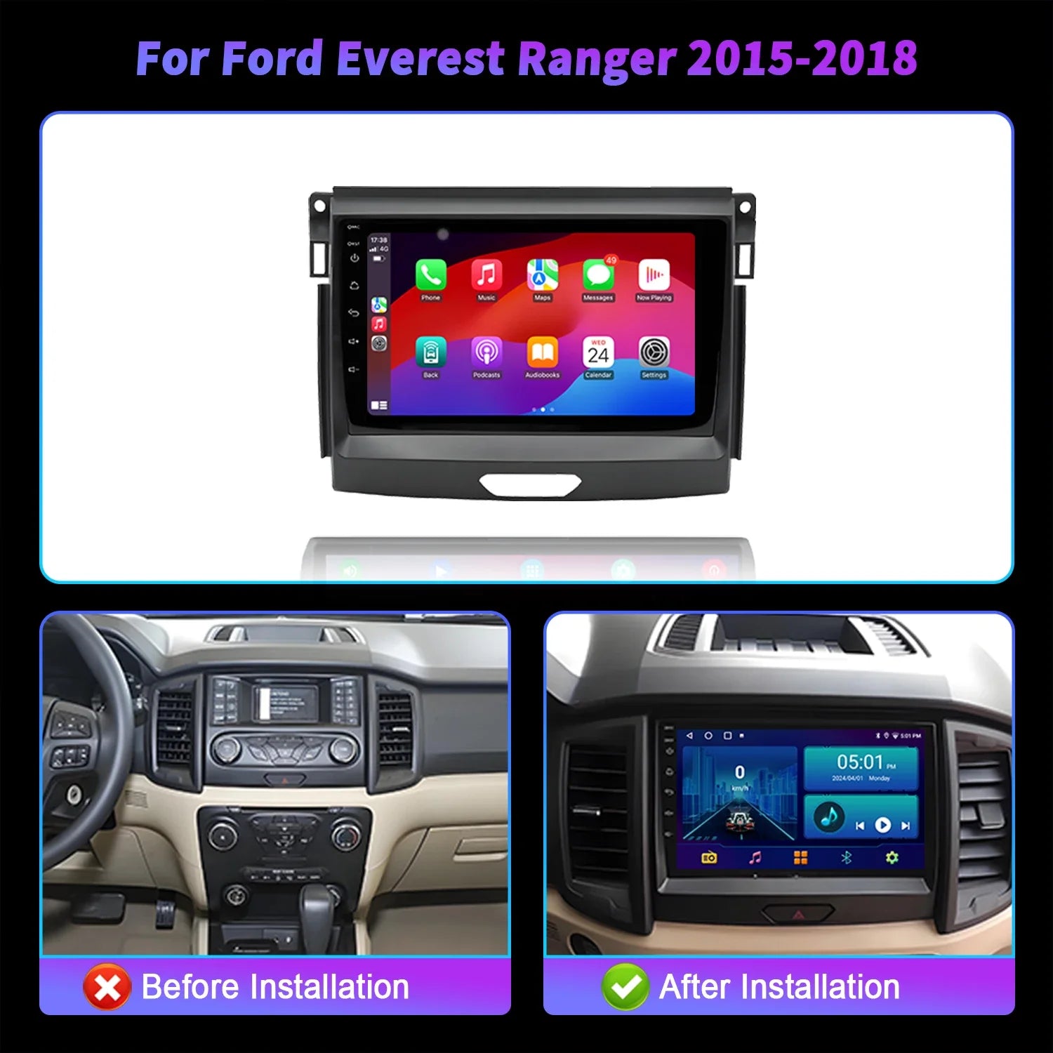 For Ford Everest Ranger 2015-2018 Android 14 Car Radio Multimedia Navigation Bluetooth Ste