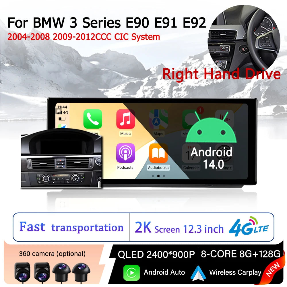 Android 14 QLED Car Intelligent Touch Display Right Hand Drive for BMW 3 Series E90 E91 E9