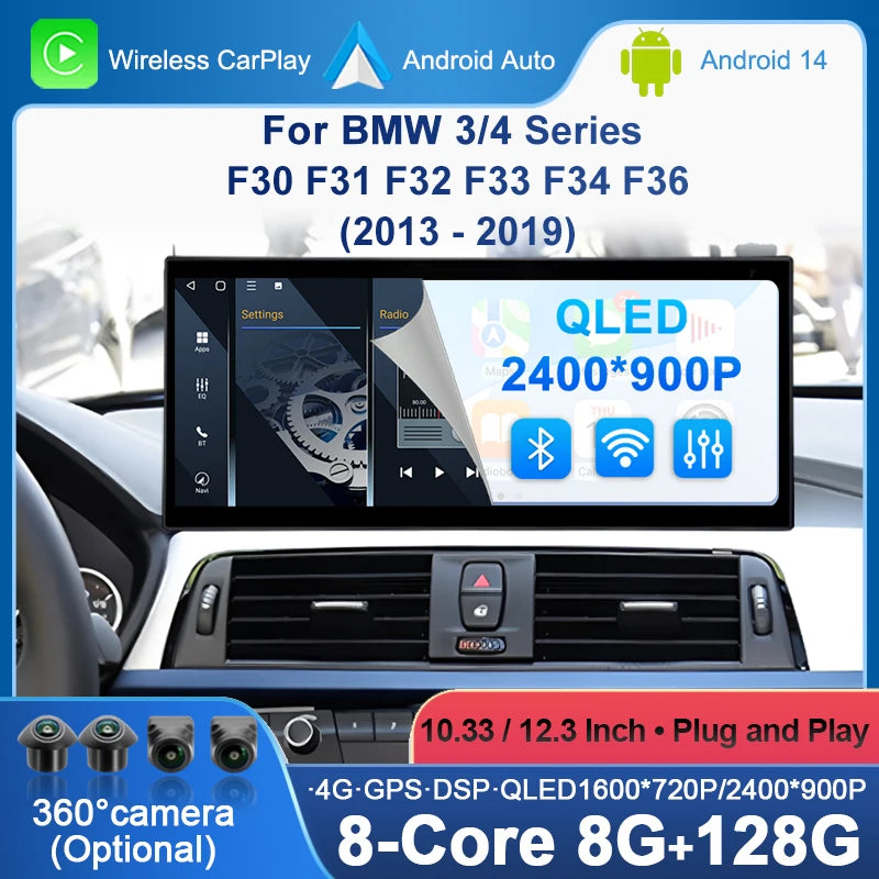 Wireless CarPlay Android Auto Multimedia QLED Display Screen For BMW 3 4 series F30 F31 F3
