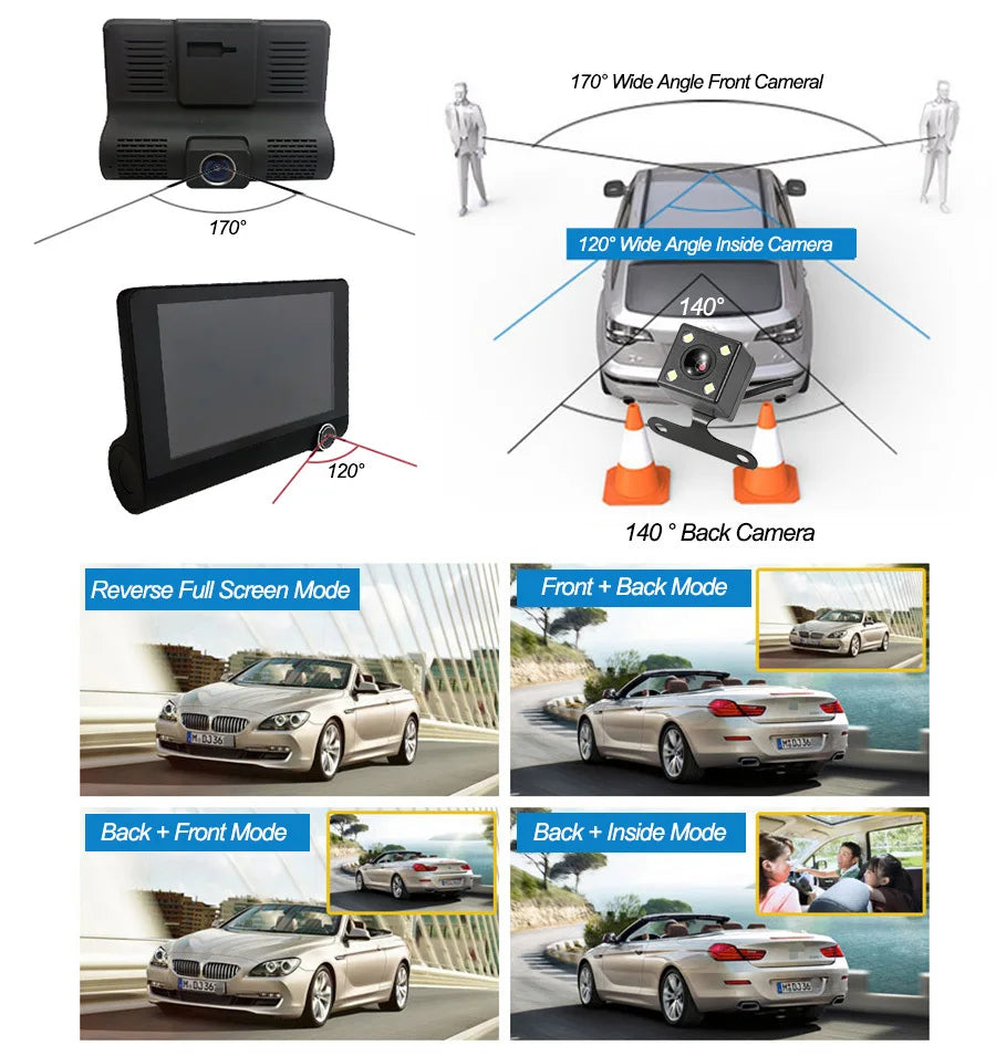 4 inch Black Box Car DVR Dashcam Dash Camera IPS HD Screen 1080P Dual Lens Video Recorder Front + Interior View Camera Dash Cam