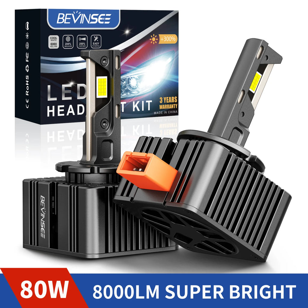 BEVINSEE D3S D3R LED CANBUS Headlight Bulbs D1S D1R D2S D2R D5S 80W 8000LM HID Xenon Repla
