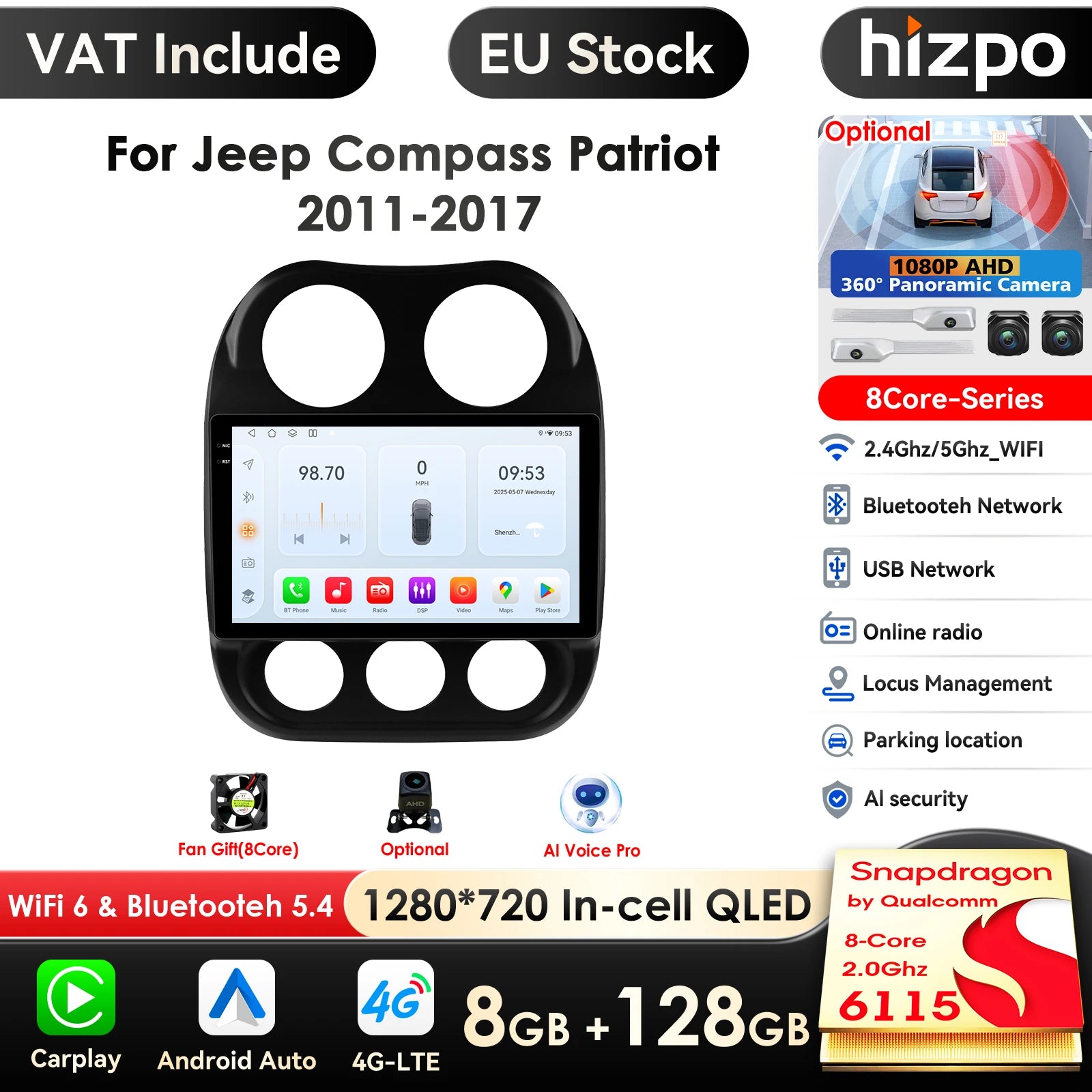 12.3" Car Radio GPS Android Auto for Jeep Compass Patriot 2011-2017 - 4G LTE 360 Camera Multimedia Player RDS