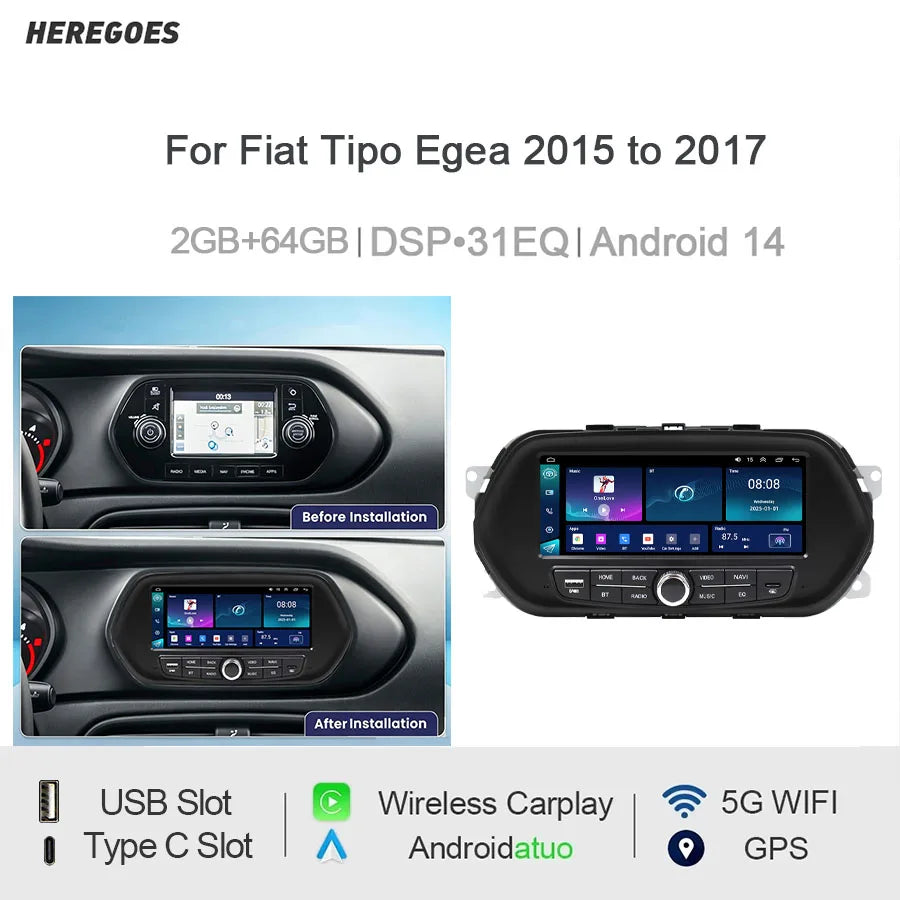 7" Android Car Radio GPS For Fiat CJD-EGEA 2015-2017 - Wireless CarPlay Android Auto Bluetooth Steering Control