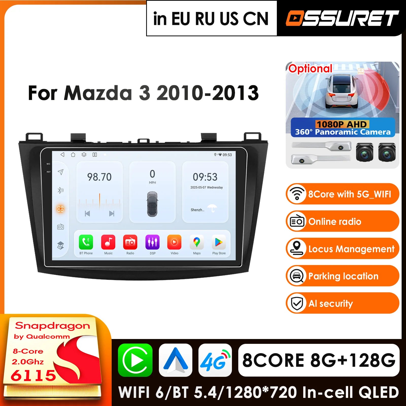 9" Android 14 Car Multimedia Player GPS Navigation for Mazda 3 2010-2013 CarPlay 4G AI Screen Autoradio 360Cam