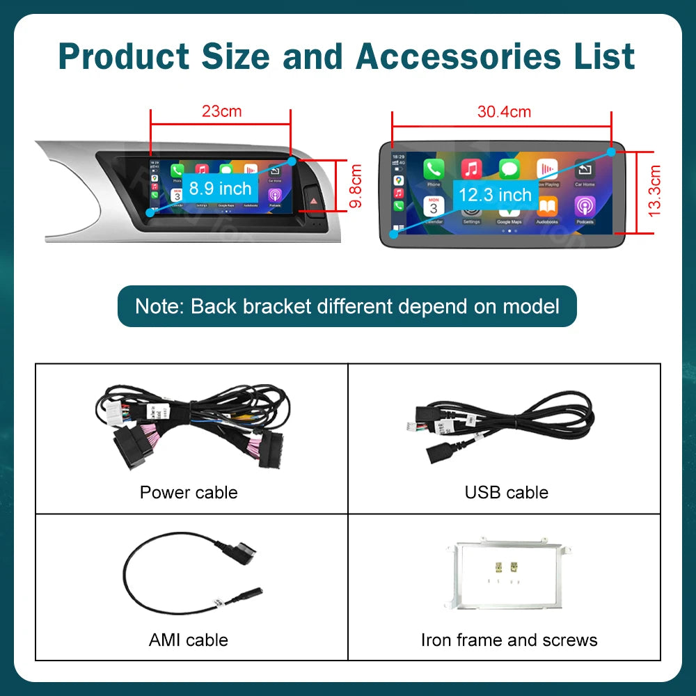 RoadTop 8.9 12.3 Inch Wireless CarPlay Multimedia Ultra-thin Screen Android Auto For Audi