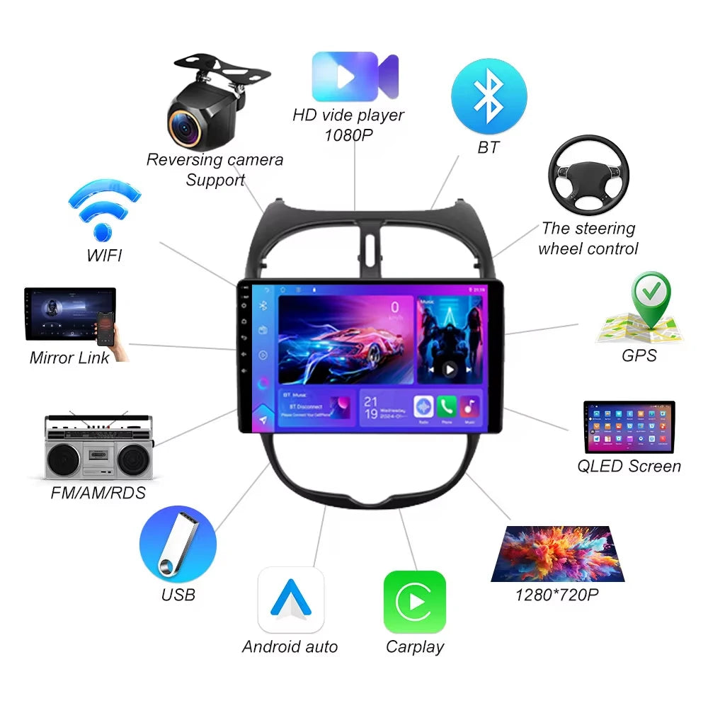 Car Radio For Peugeot 206 1998 1999 2000 - 2012 Wireless Carplay Android 16 Auto Car Intel | AUTOKITSHOP