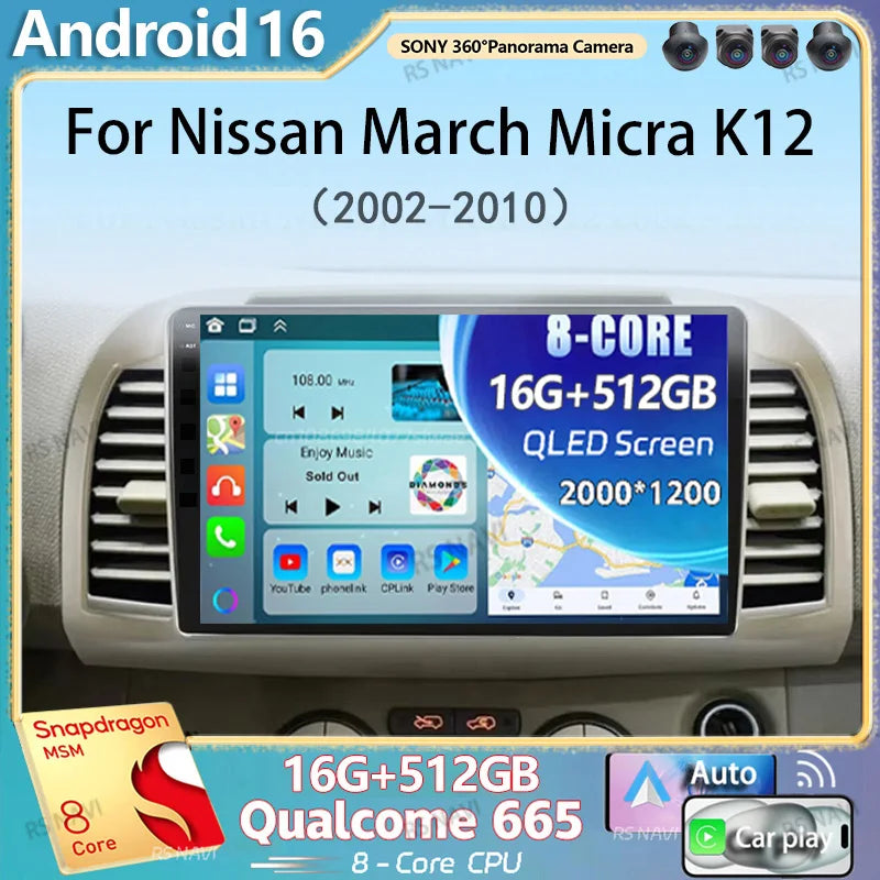 Android 16 Carplay Auto Car Radio For Nissan March Micra K12 2002-2010 Navigation Autoradi