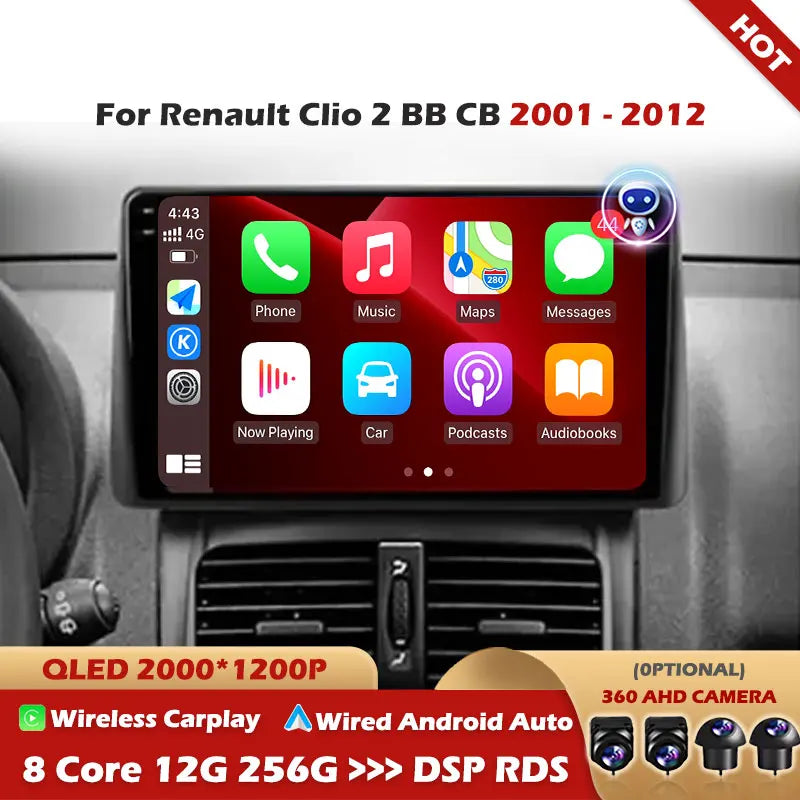 For Renault Clio 2 BB CB 2001 - 2012 Car Radio Carplay Navigation GPS Android Auto Screen