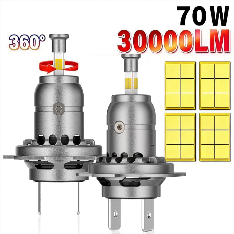 H7 H11 LED Headlight Bulbs 70W 30000LM 6000K White 4-Sided 360° CSP LED, 1:1 Mini Size, Pl