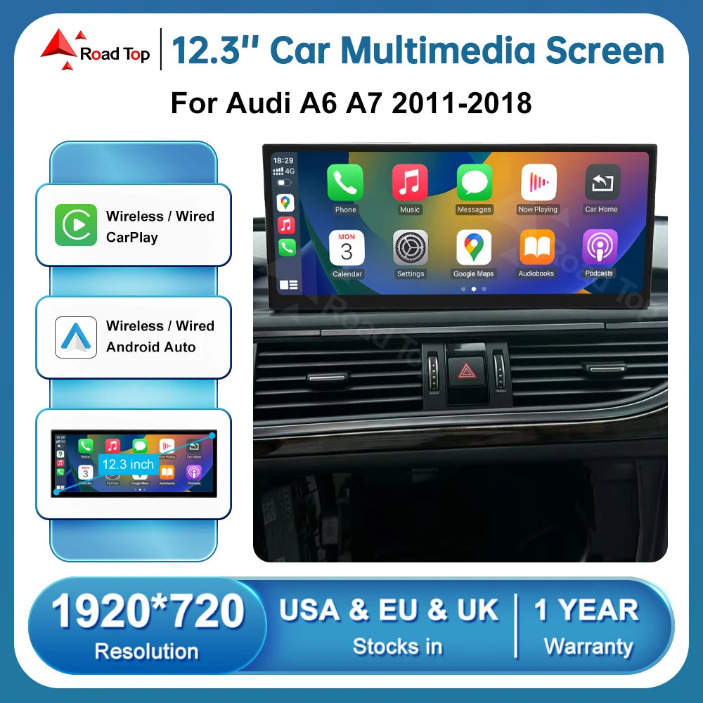 RoadTop 12.3'' Linux Touch Screen Car Multimedia Display For Audi A6 A7 2011-2018 Wireless | AUTOKITSHOP
