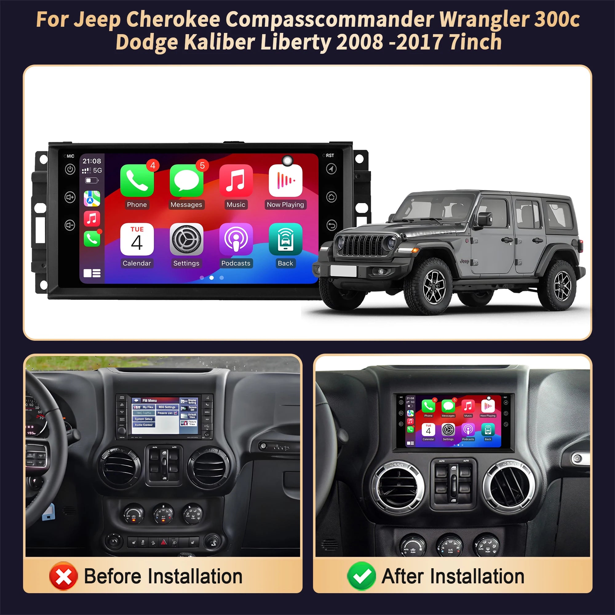 7 inch Car Radio For Jeep Cherokee Compasscommander Wrangler 300c Dodge Kaliber Liberty 20