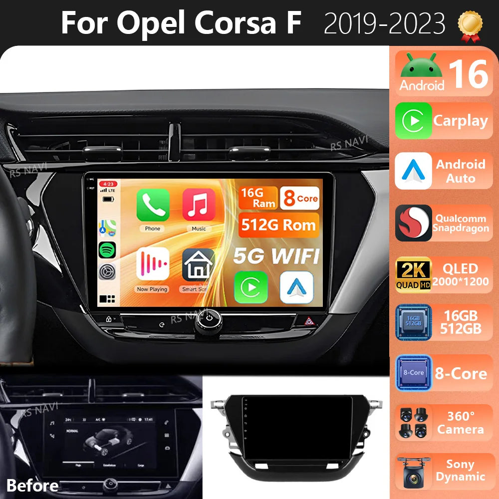 Plug and Play Android 16 For Opel Corsa F 2019 - 2023 2K QLED Android Car Radio Multimedia