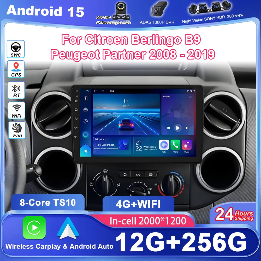 Car Android 15 Radio Stereo For Citroen Berlingo B9 Peugeot Partner 2008 - 2019 wireless C