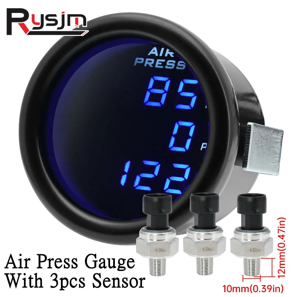 HD 2" 52mm Car Air Pressure Gauge Three Digital Display 220PSI Air Ride Suspension Gauge With 3P - Automotive LED Light