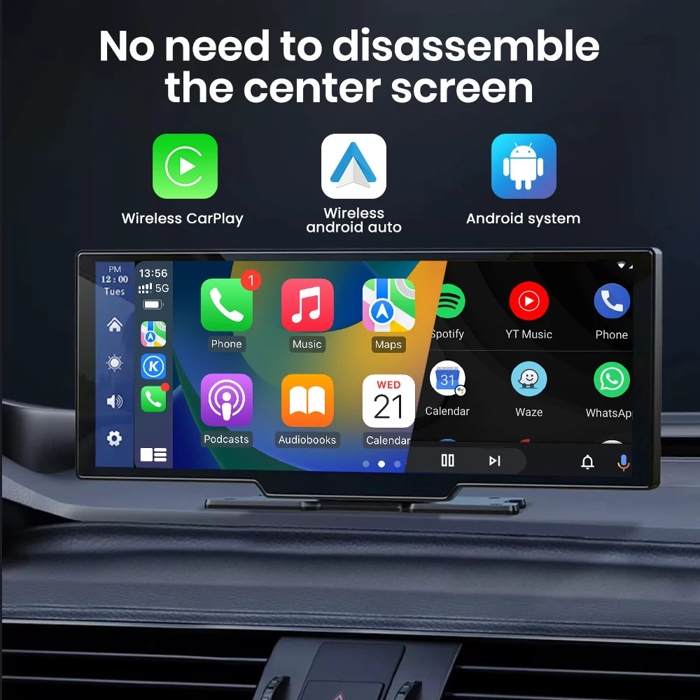 10.26" Portable Car Multimedia Player Wireless CarPlay Android Auto IPS Screen WiFi Bluetooth Voice Control for Universa