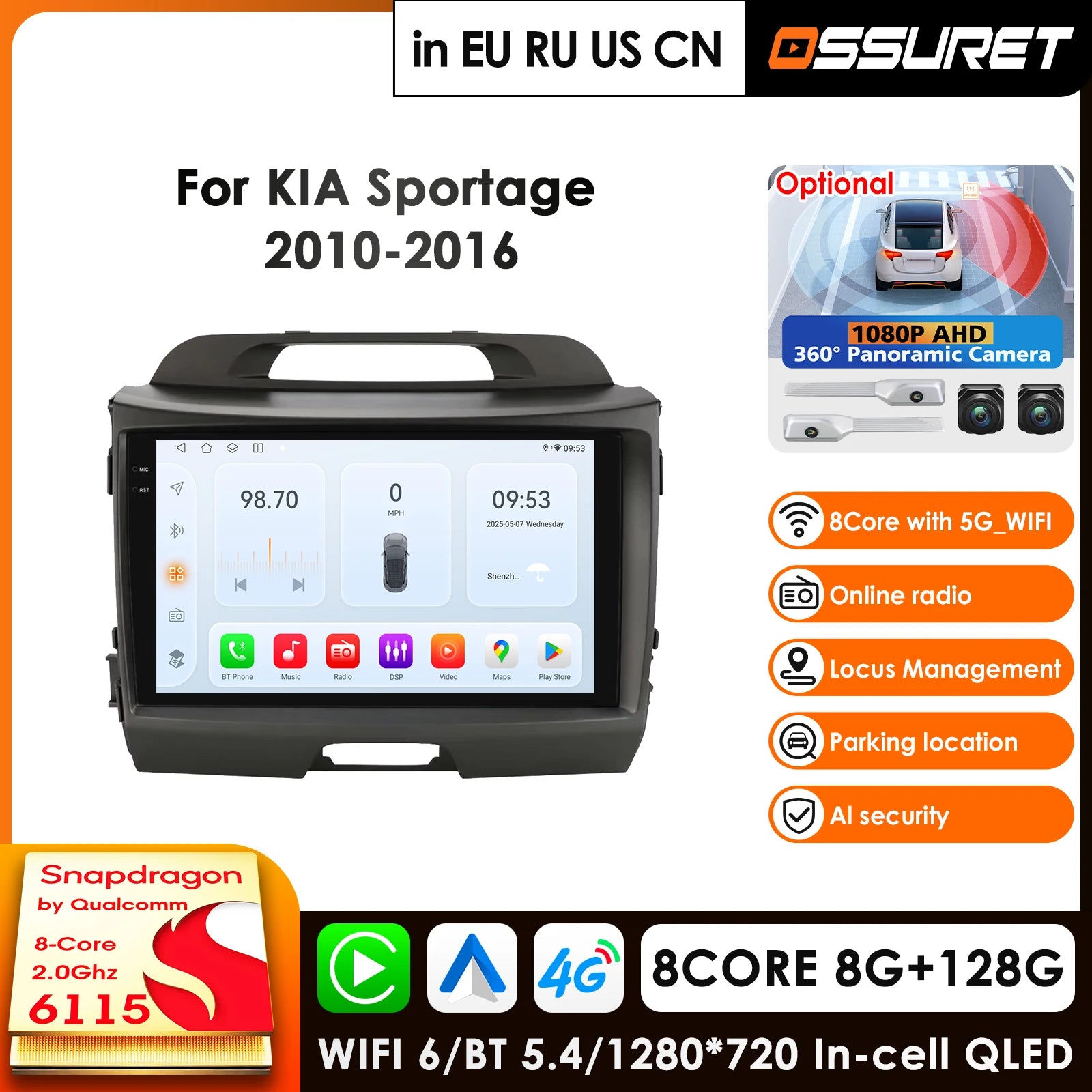 9" Car Radio GPS for KIA Sportage 2010-2016 Android Auto Carplay 2Din Multimedia Video Player Navigation DSP