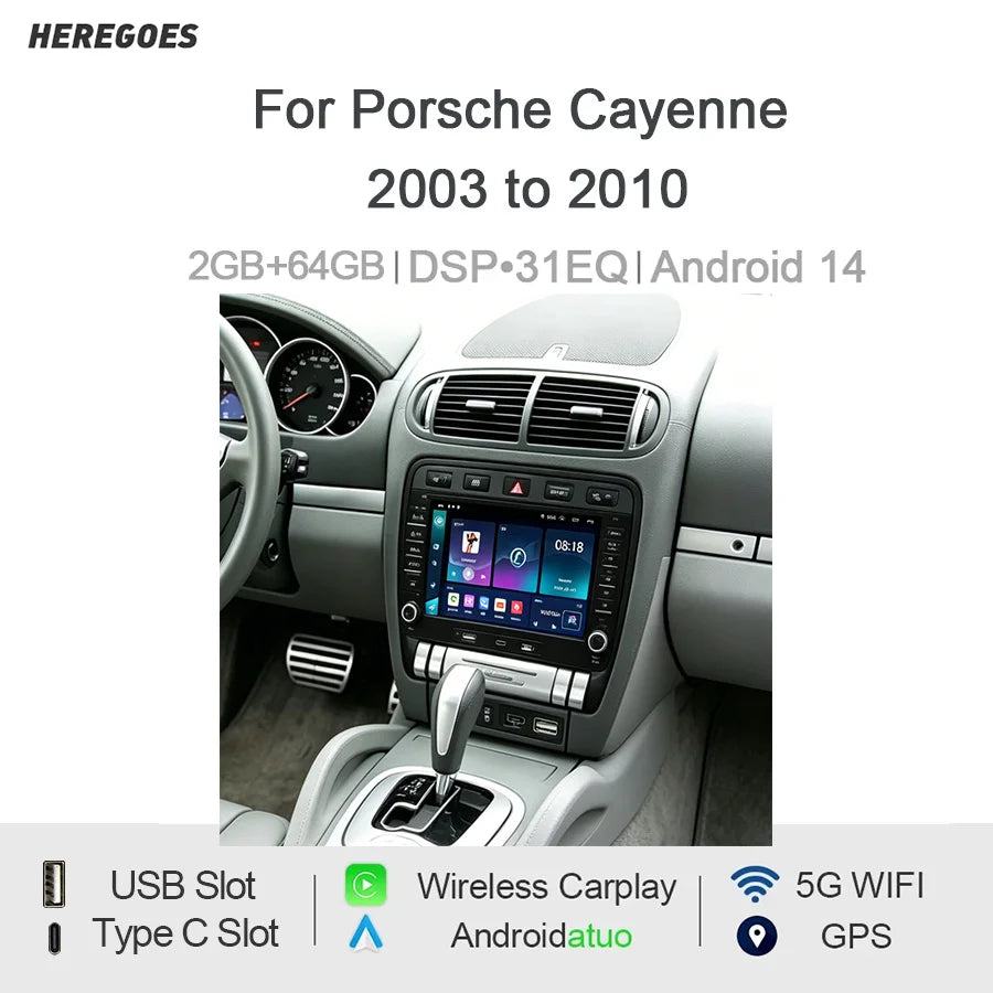 7" Android Car Radio GPS Type-C Wireless CarPlay Android Auto for Porsche Cayenne 2003-2010 - Bluetooth Steering Control