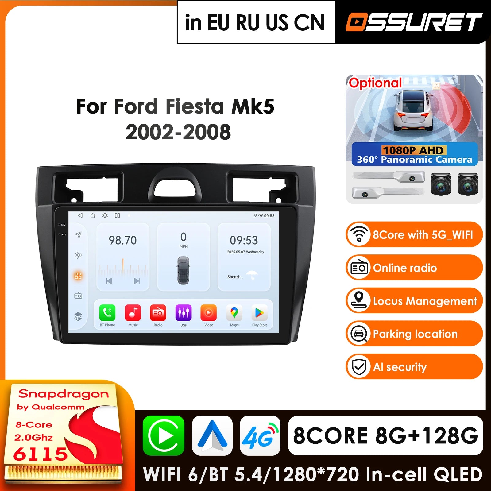 9" Car Radio GPS for Ford Fiesta Mk5 2002-2008 - CarPlay Android Auto Bluetooth WiFi FM RDS Autoradio AI with Qualcomm 8