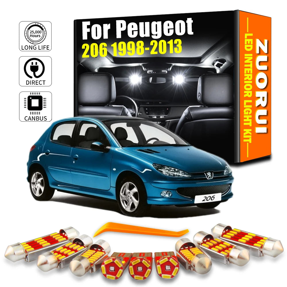8-Piece LED Interior Light Kit for Peugeot 206 1998- 2007 - Canbus Dome Map Door Trunk Bulbs | AUTOKITSHOP