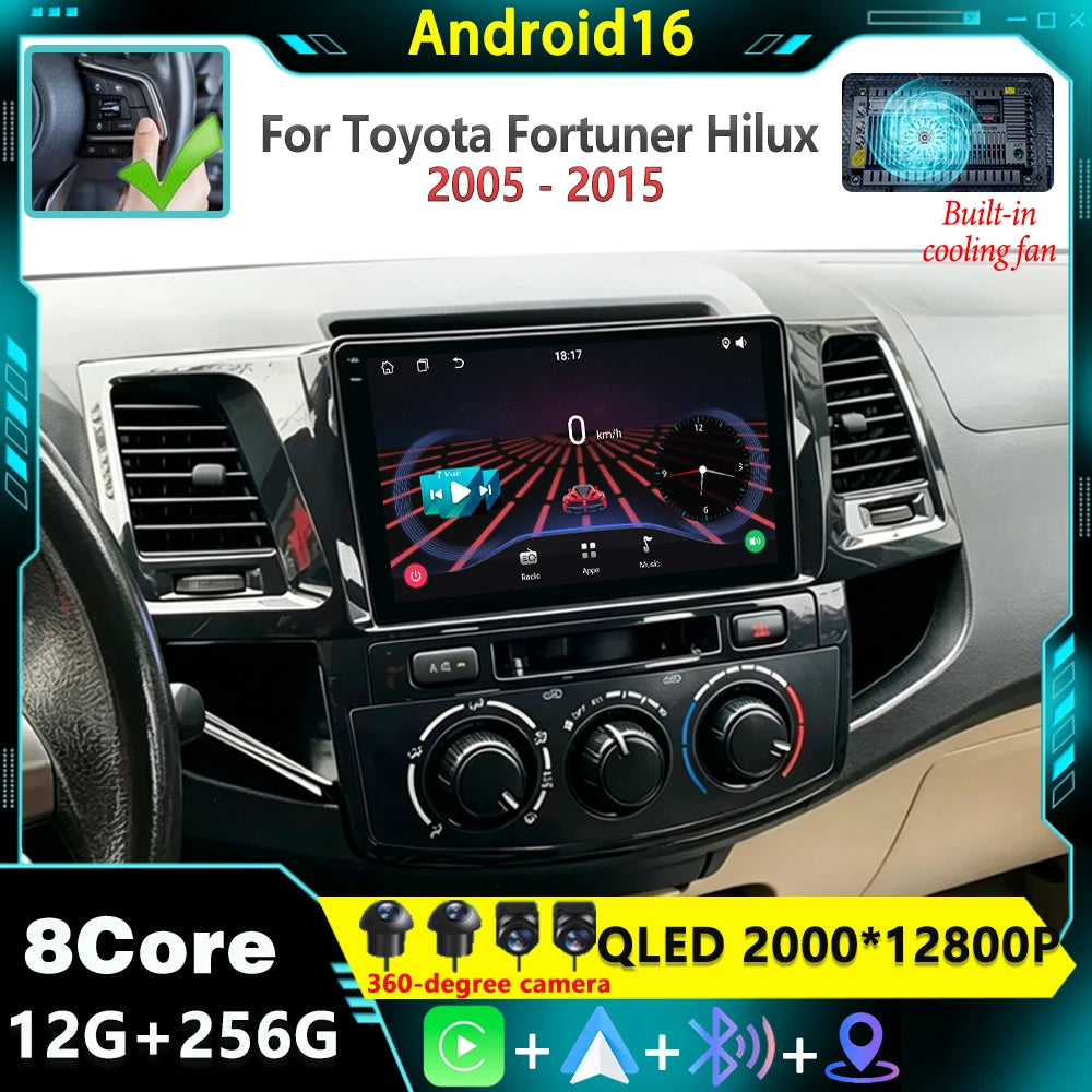 Android 16 Carplay Auto Car Radio For Toyota Fortuner HILUX Revo Vigo 2007-2015 Video Play