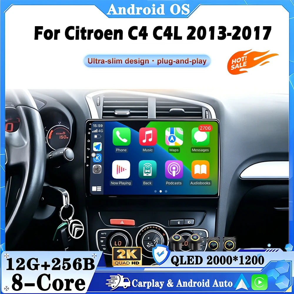 For Citroen C4 C4L 2013-2017 Intelligent System Wireless Carplay IPS QLED Touch Screen Coo