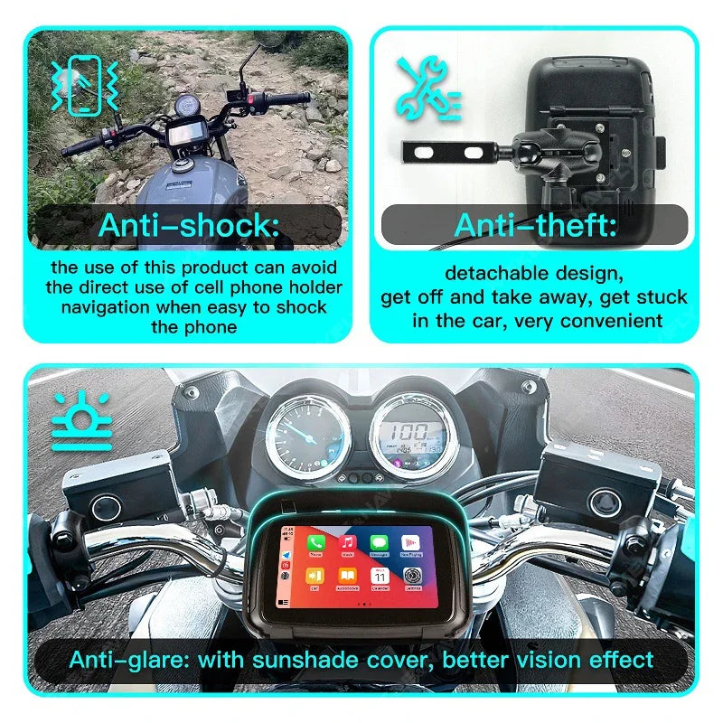 Wireless Carplay Motorcycle Gps Navigation IPX7 Waterproof 5inch LCD Display Moto Monitor  | AUTOKITSHOP