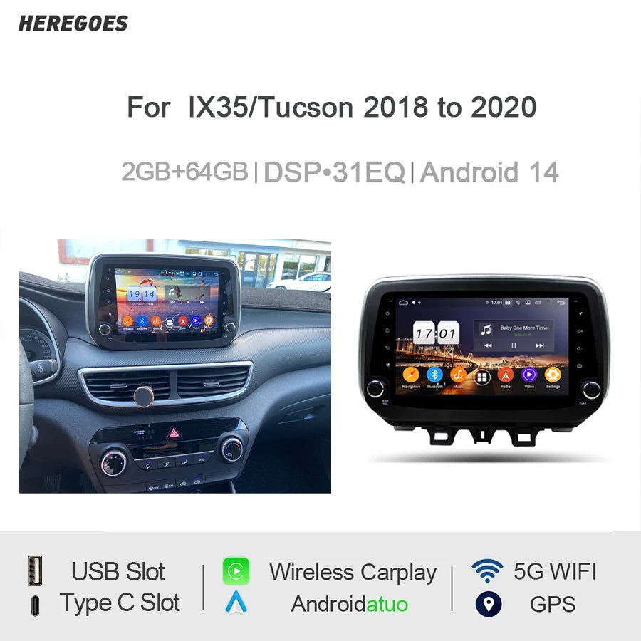 9" Car Radio GPS for IX35/Tucson 2018-2020 Android 12.0 8GB RAM 128GB Multimedia Player - Bluetooth 5.0 RDS Autoradio