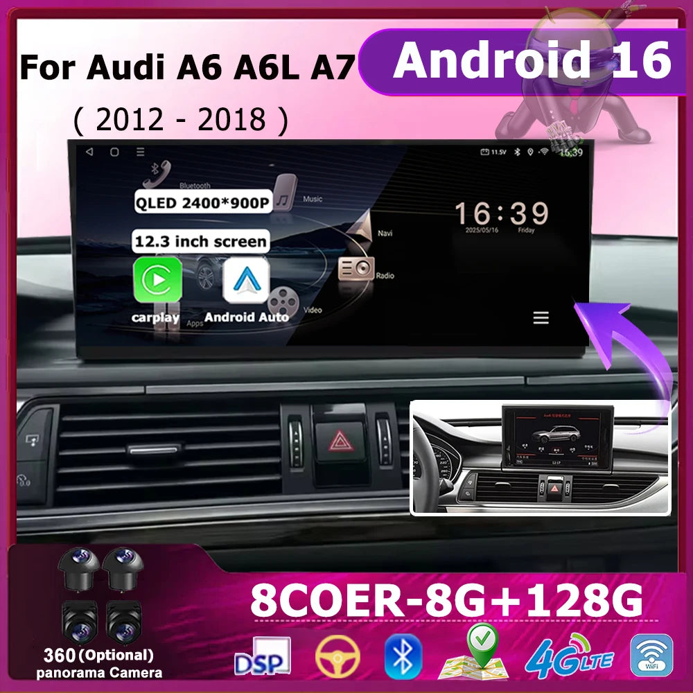 Android 16 For Audi A6 A6L A7 2012 - 2018 Auto Wireless CarPlay Car Multimedia Radio Playe