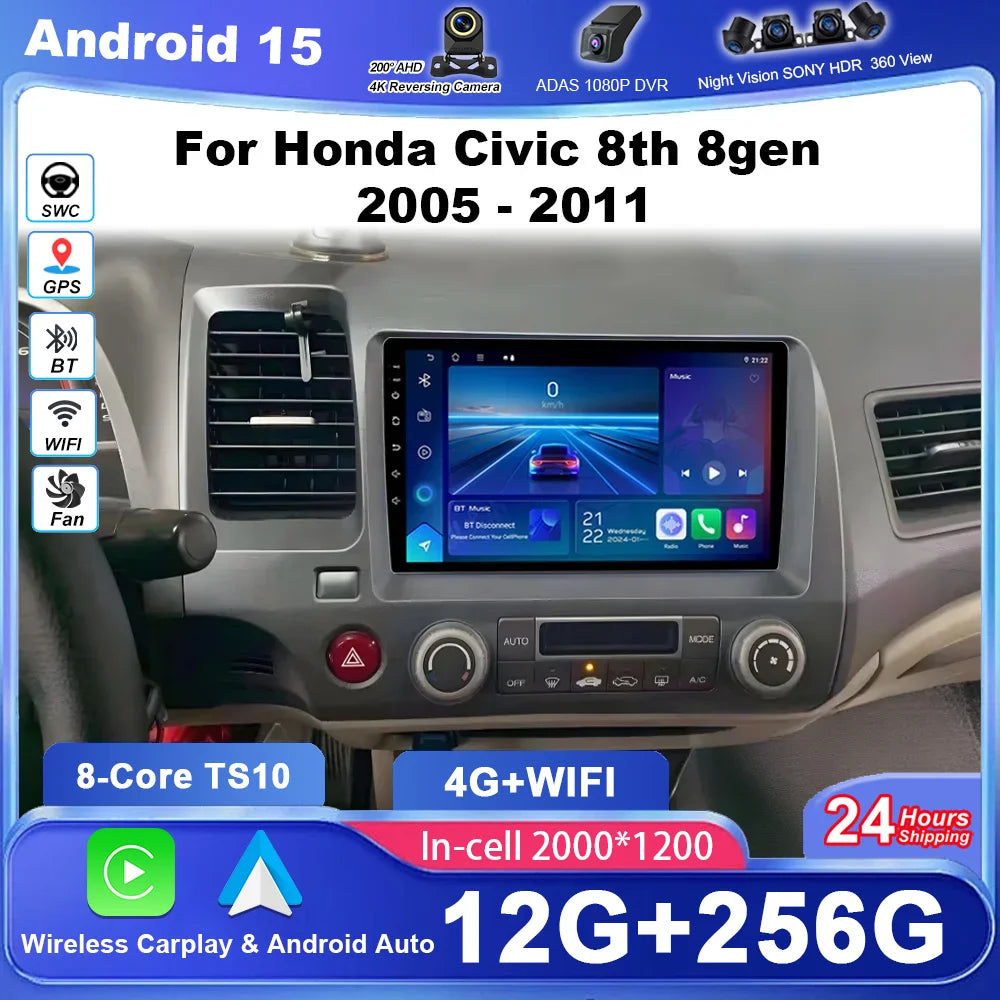 Android 15 For Honda Civic 8th 8gen 2005 2006 2007 2008 2009 2010 2011 Auto Radio Stereo G