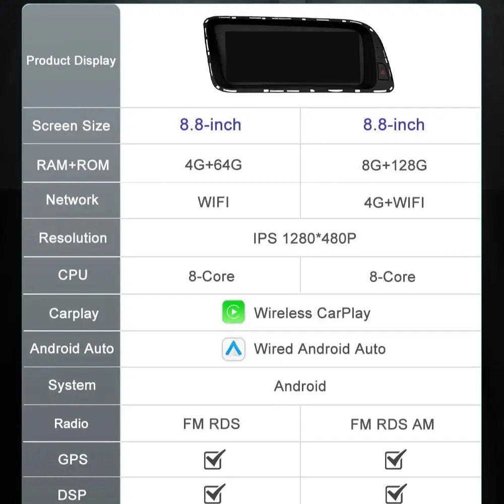 8.8 inch Wireless CarPlay Android 16 For Audi Q5 2008 - 2017 Car Multimedia Radio Navigati