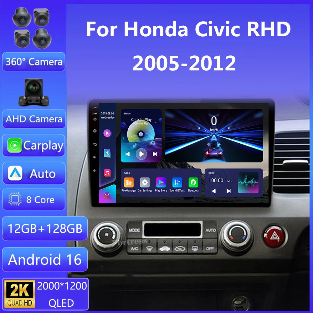 Android 16 Car Radio Multimedia for Honda Civic RHD 2005 - 2012 Player 2Din Right Hand Dri