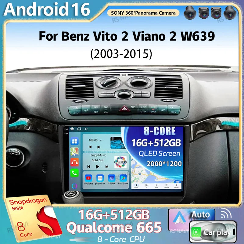 Android 16 For Benz Vito 2 Viano 2 W639 2003- 2015 2K QLED Android Car Radio Multimedia Vi