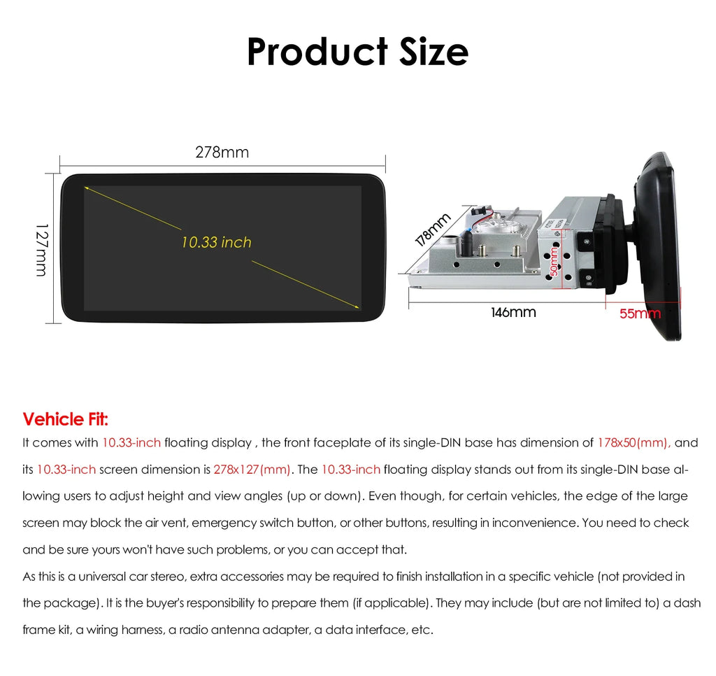 10.33inch 1 DIN Universal Android Car Radio Multimedia Video Player Rotatable Auto Touch S