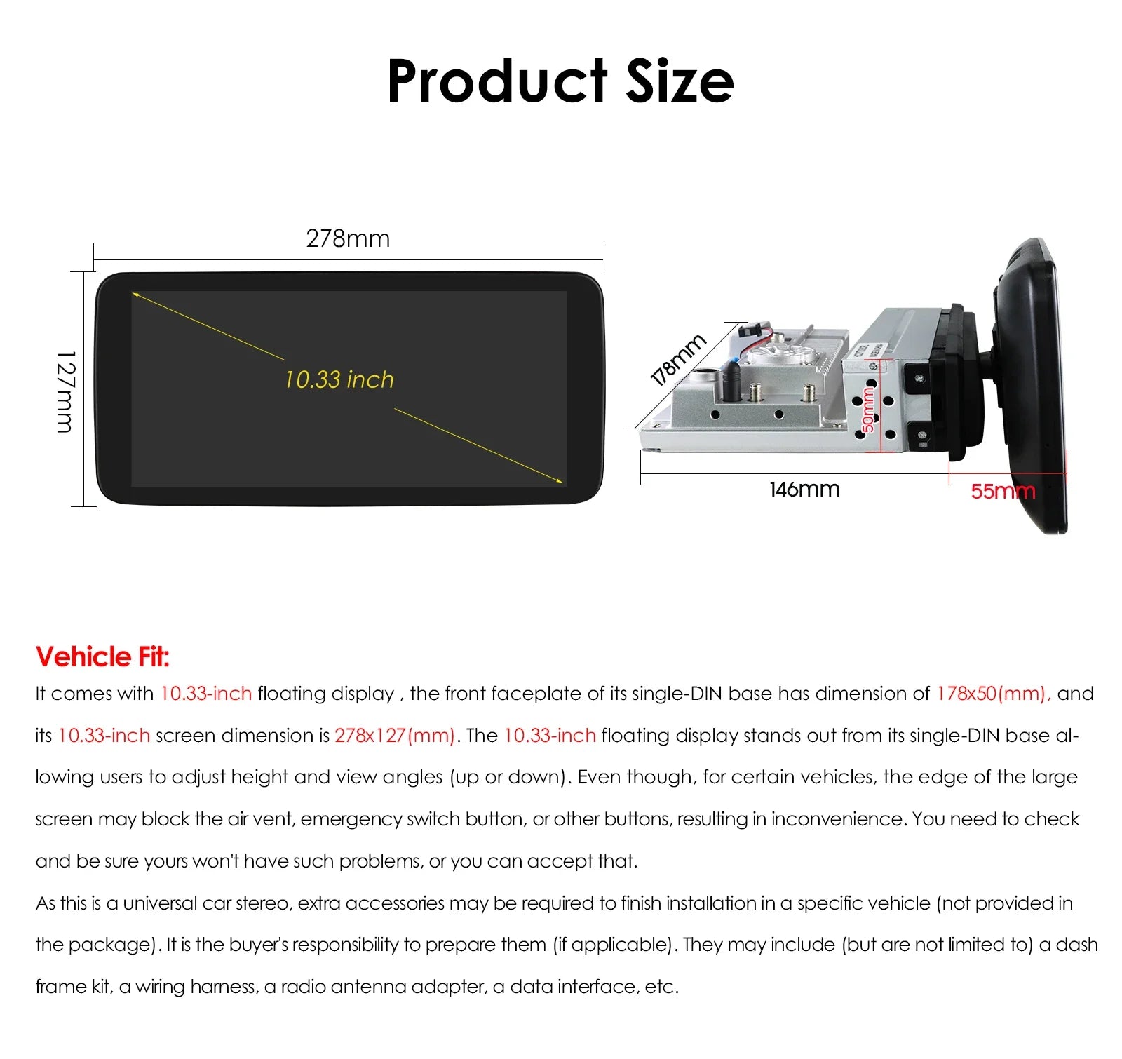 10.33inch 1 DIN Universal Android Car Radio Multimedia Video Player Rotatable Auto Touch S