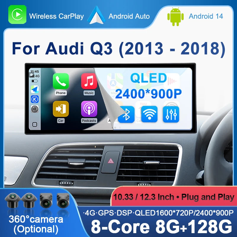Wireless CarPlay Android 14 Car Redio Multimedia DSP Stereo QLED Touch Screen For Audi Q3
