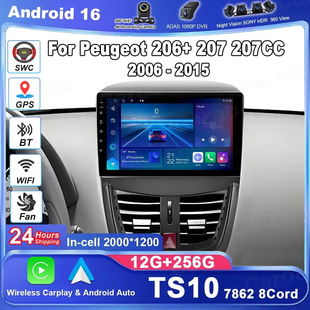 Android 16 Car Radio For Peugeot 206+ 207 207CC 2006 - 2015 Multimedia Video Player Carpla