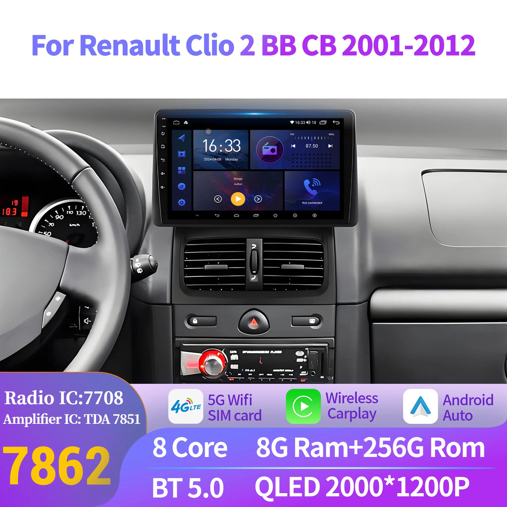 Android 14 Auto For Renault Clio 2 BB CB 2001-2012 Wireless Apple BT Carplay Car Radio Mul