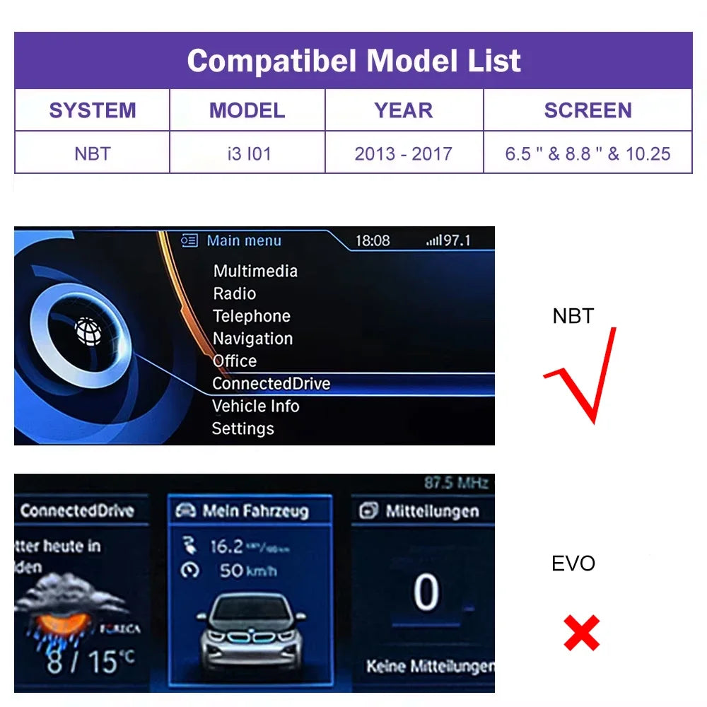 Wireless CarPlay Android AutoCarPlay Android Auto pour BMW NBT i3, I01,2013-2017 GPS, Auto