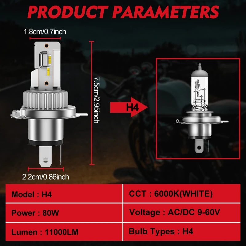 BULLVISION 2PCS H4 LED Bulbs 1:1 Mini Diodes Motorcycle Kits 5900W Hi/Lo Dual Beam Turbo F